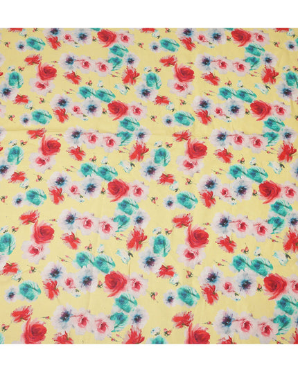 Yellow Multicolor Rose Floral Printed Premium Pure Linen Fabric 140 Cms Width India-D27850