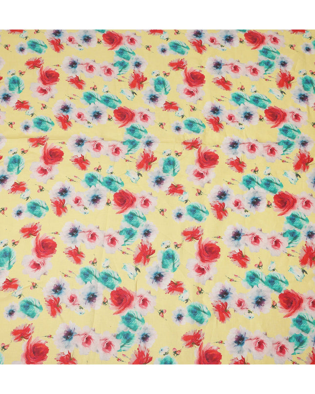 Yellow Multicolor Rose Floral Printed Premium Pure Linen Fabric 140 Cms Width India-D27850