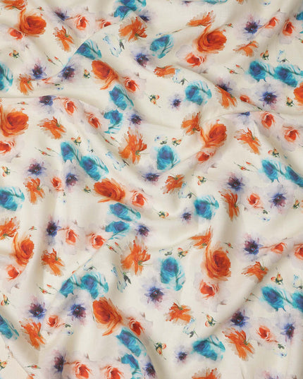 Cream Multicolor Floral Printed Premium Pure Linen Fabric 140 Cms Width India-D27846