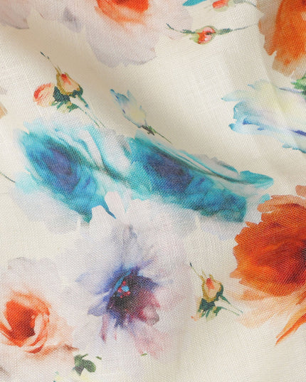 Cream Multicolor Floral Printed Premium Pure Linen Fabric 140 Cms Width India-D27846