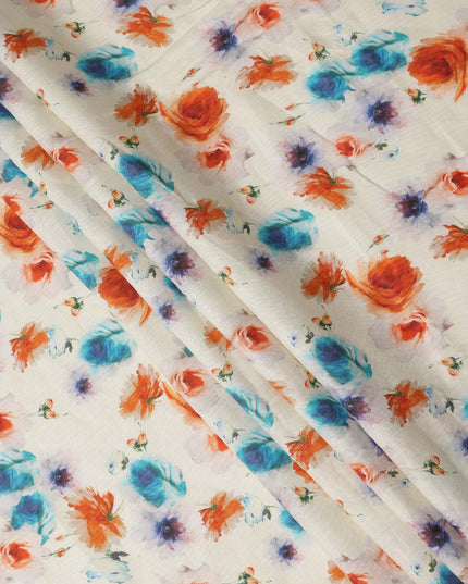 Cream Multicolor Floral Printed Premium Pure Linen Fabric 140 Cms Width India-D27846