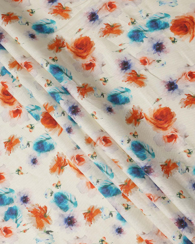 Cream Multicolor Floral Printed Premium Pure Linen Fabric 140 Cms Width India-D27846