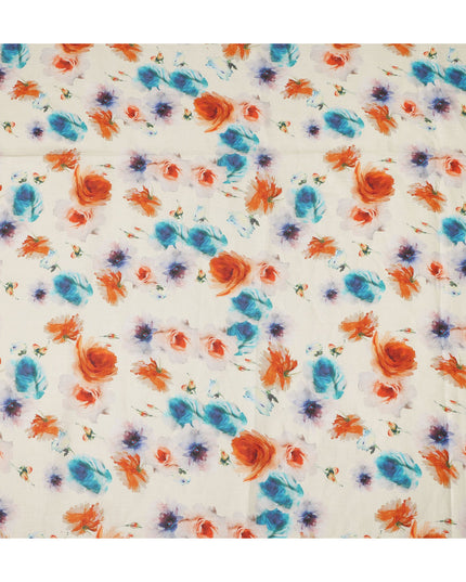Cream Multicolor Floral Printed Premium Pure Linen Fabric 140 Cms Width India-D27846