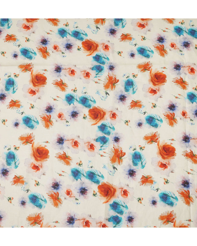 Cream Multicolor Floral Printed Premium Pure Linen Fabric 140 Cms Width India-D27846