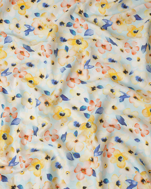 Light Blue Floral Printed Cotton Linen Fabric 150 Cms Width Soft Breathable Lightweight Dressmaking Craft Material India-D27944