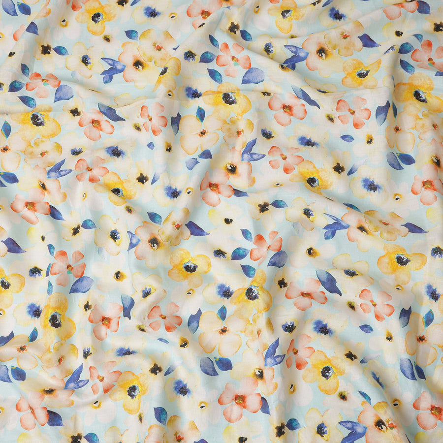 Light Blue Floral Printed Cotton Linen Fabric 150 Cms Width Soft Breathable Lightweight Dressmaking Craft Material India-D27944
