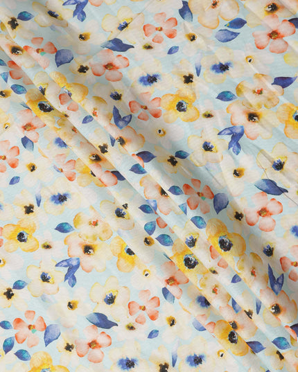 Light Blue Floral Printed Cotton Linen Fabric 150 Cms Width Soft Breathable Lightweight Dressmaking Craft Material India-D27944