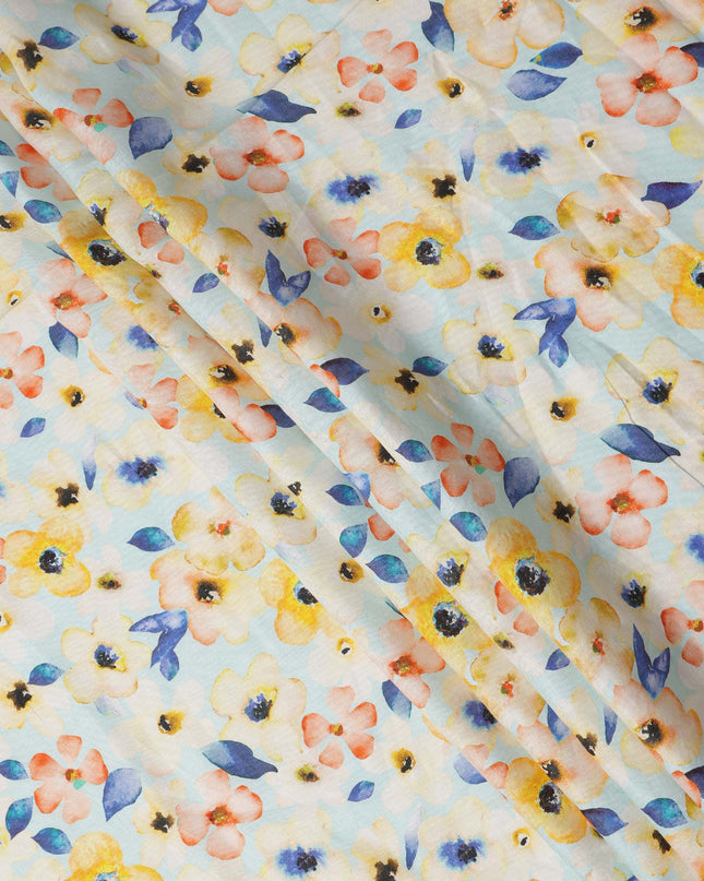 Light Blue Floral Printed Cotton Linen Fabric 150 Cms Width Soft Breathable Lightweight Dressmaking Craft Material India-D27944