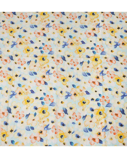 Light Blue Floral Printed Cotton Linen Fabric 150 Cms Width Soft Breathable Lightweight Dressmaking Craft Material India-D27944