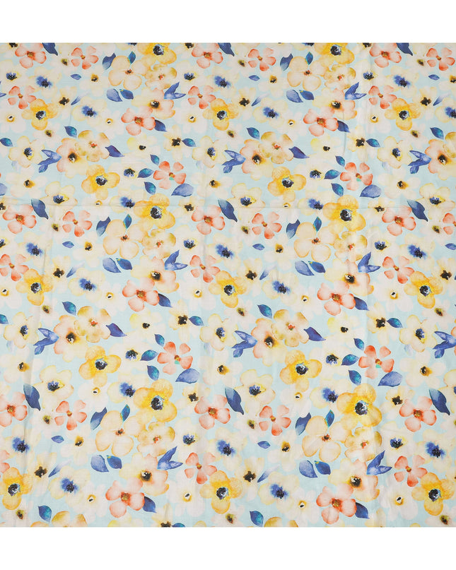 Light Blue Floral Printed Cotton Linen Fabric 150 Cms Width Soft Breathable Lightweight Dressmaking Craft Material India-D27944