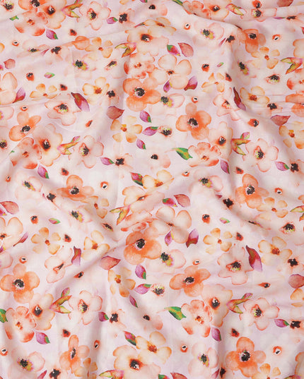Peach Floral Printed Cotton Linen Fabric 150 Cms Width Soft Breathable Lightweight Dress Material India-D27945