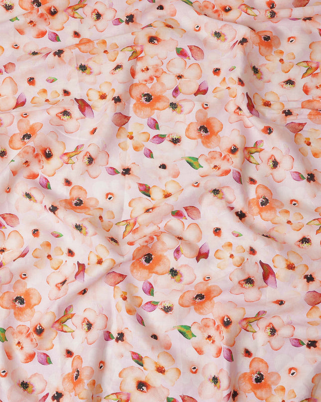 Peach Floral Printed Cotton Linen Fabric 150 Cms Width Soft Breathable Lightweight Dress Material India-D27945