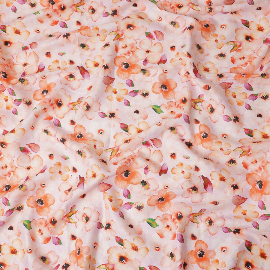 Peach Floral Printed Cotton Linen Fabric 150 Cms Width Soft Breathable Lightweight Dress Material India-D27945