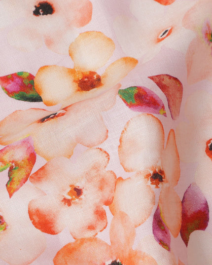 Peach Floral Printed Cotton Linen Fabric 150 Cms Width Soft Breathable Lightweight Dress Material India-D27945