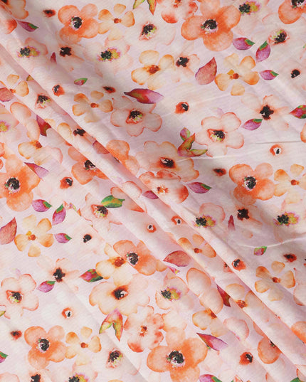 Peach Floral Printed Cotton Linen Fabric 150 Cms Width Soft Breathable Lightweight Dress Material India-D27945