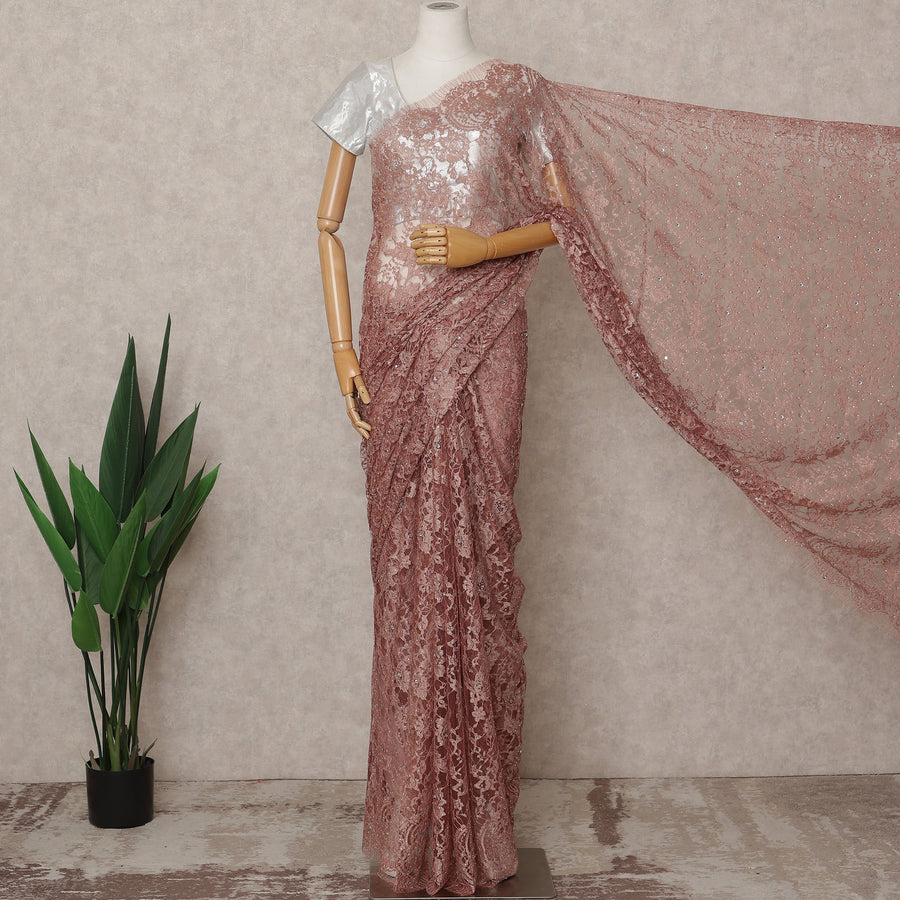 Copper Rose Premium French 2-Tone Chantilly Lace Saree with Stone Work, Width 110 Cms, Length 5.5 Mtrs, Imported from France-D25676