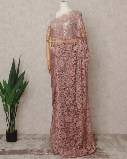 Copper Rose Premium French 2-Tone Chantilly Lace Saree with Stone Work, Width 110 Cms, Length 5.5 Mtrs, Imported from France-D25676