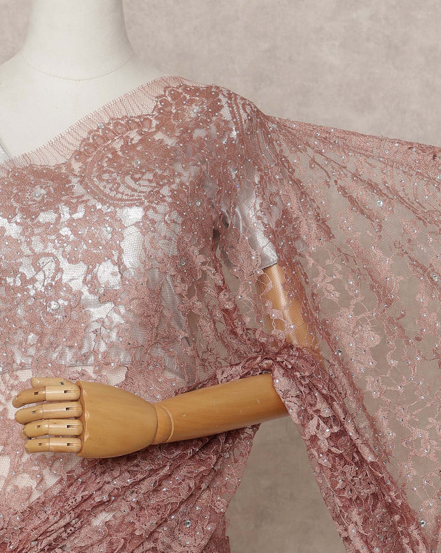 Copper Rose Premium French 2-Tone Chantilly Lace Saree with Stone Work, Width 110 Cms, Length 5.5 Mtrs, Imported from France-D25676