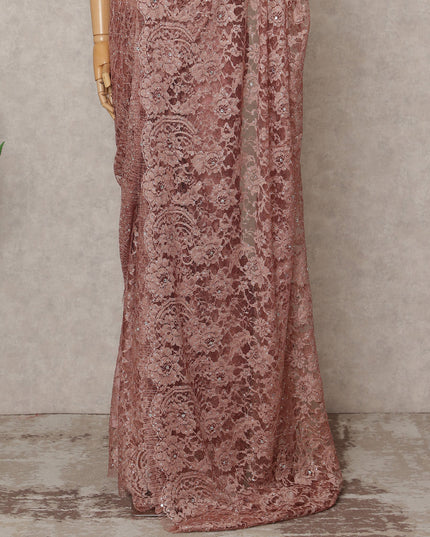 Copper Rose Premium French 2-Tone Chantilly Lace Saree with Stone Work, Width 110 Cms, Length 5.5 Mtrs, Imported from France-D25676