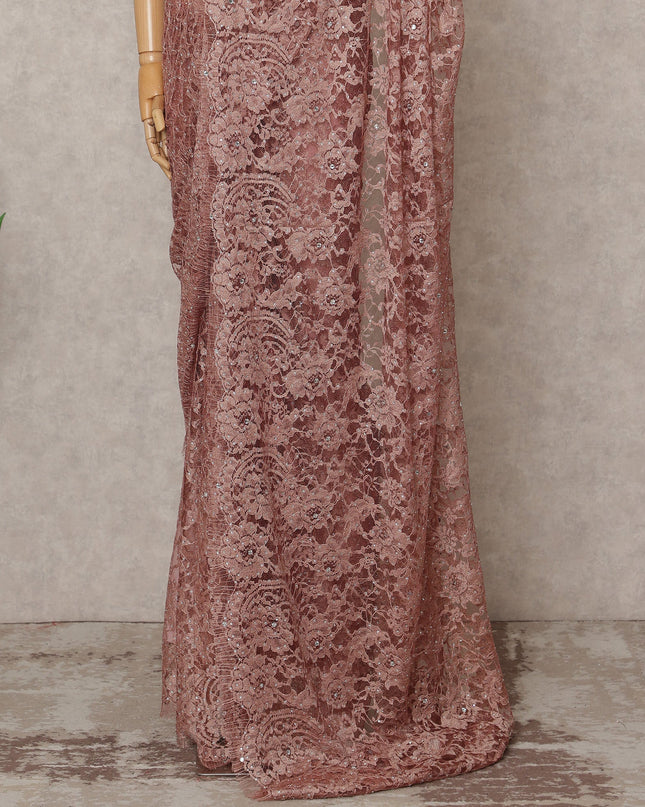 Copper Rose Premium French 2-Tone Chantilly Lace Saree with Stone Work, Width 110 Cms, Length 5.5 Mtrs, Imported from France-D25676