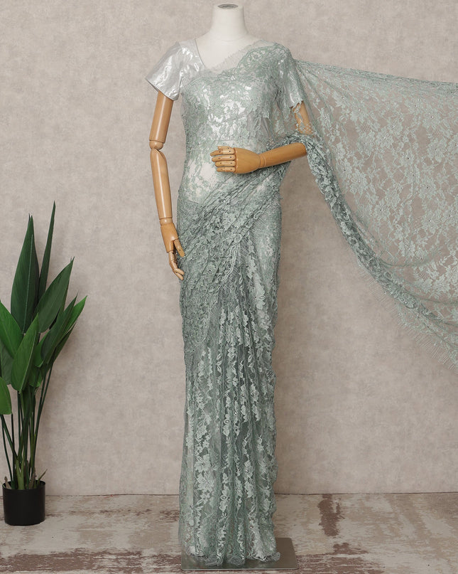 Mint Green Premium French 2-Tone Chantilly Lace Saree with Stone Work, Width 110 Cms, Length 5.5 Mtrs, Imported from France-D25675 Regal Fabrics