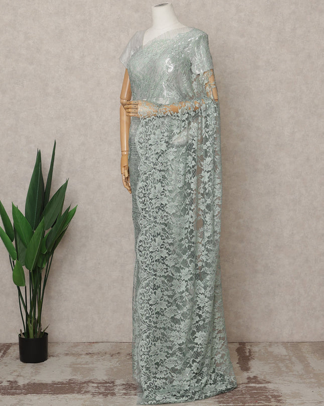 Mint Green Premium French 2-Tone Chantilly Lace Saree with Stone Work, Width 110 Cms, Length 5.5 Mtrs, Imported from France-D25675 Regal Fabrics