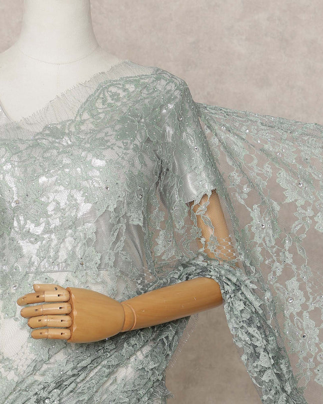Mint Green Premium French 2-Tone Chantilly Lace Saree with Stone Work, Width 110 Cms, Length 5.5 Mtrs, Imported from France-D25675 Regal Fabrics