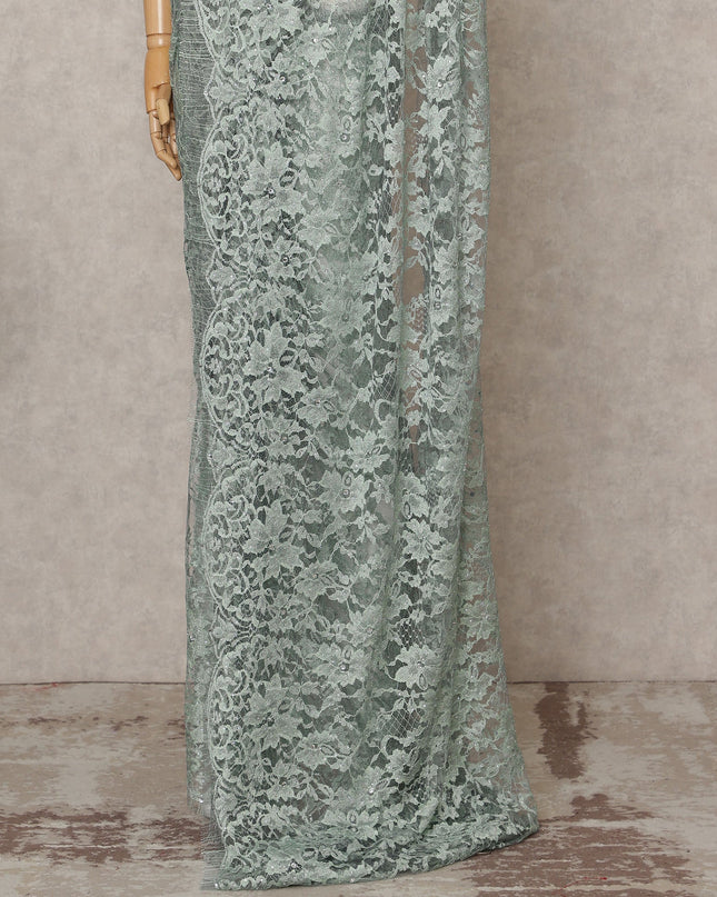 Mint Green Premium French 2-Tone Chantilly Lace Saree with Stone Work, Width 110 Cms, Length 5.5 Mtrs, Imported from France-D25675 Regal Fabrics