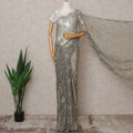 Silver Grey Premium French 2-Tone Chantilly Lace Saree with Stone Work, Width 110 Cms, Length 5.5 Mtrs, Imported from France-D25670