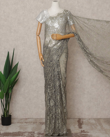 Silver Grey Premium French 2-Tone Chantilly Lace Saree with Stone Work, Width 110 Cms, Length 5.5 Mtrs, Imported from France-D25670