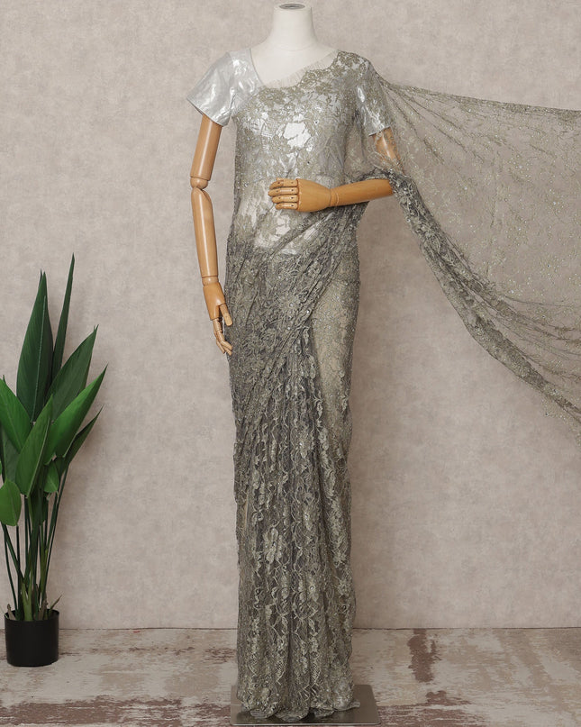 Silver Grey Premium French 2-Tone Chantilly Lace Saree with Stone Work, Width 110 Cms, Length 5.5 Mtrs, Imported from France-D25670