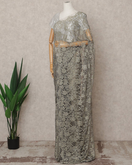Silver Grey Premium French 2-Tone Chantilly Lace Saree with Stone Work, Width 110 Cms, Length 5.5 Mtrs, Imported from France-D25670
