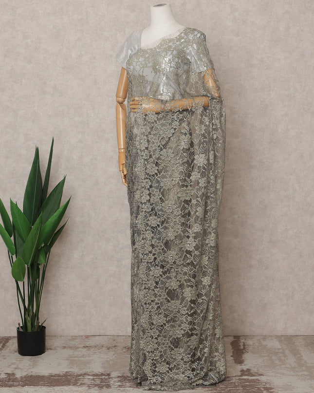 Silver Grey Premium French 2-Tone Chantilly Lace Saree with Stone Work, Width 110 Cms, Length 5.5 Mtrs, Imported from France-D25670