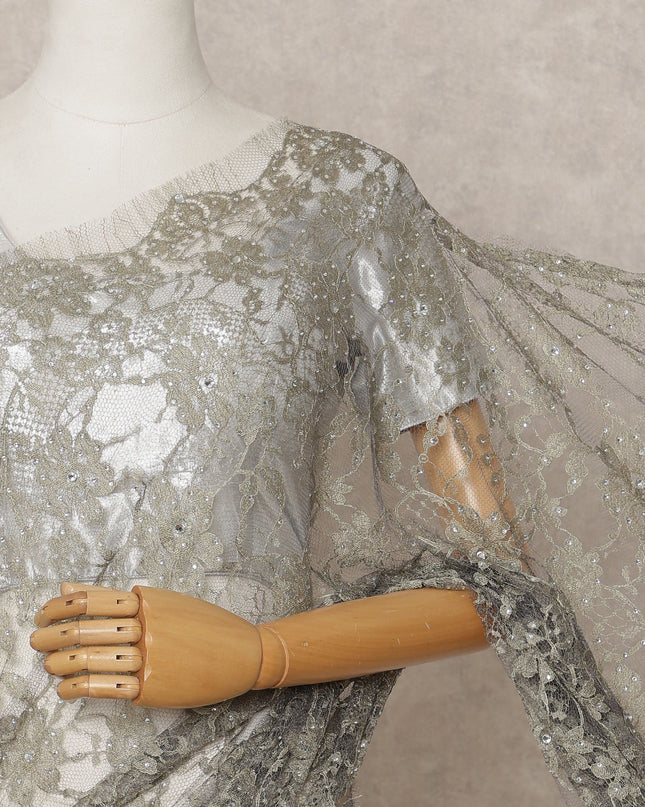 Silver Grey Premium French 2-Tone Chantilly Lace Saree with Stone Work, Width 110 Cms, Length 5.5 Mtrs, Imported from France-D25670