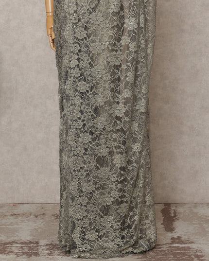 Silver Grey Premium French 2-Tone Chantilly Lace Saree with Stone Work, Width 110 Cms, Length 5.5 Mtrs, Imported from France-D25670