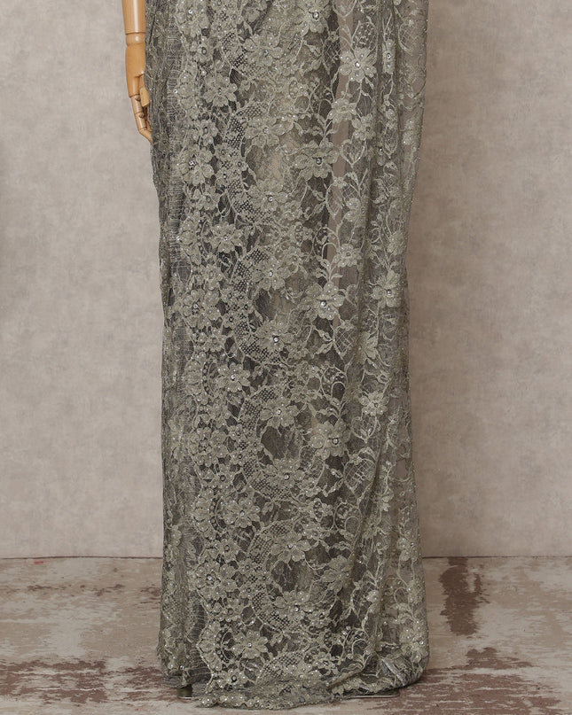 Silver Grey Premium French 2-Tone Chantilly Lace Saree with Stone Work, Width 110 Cms, Length 5.5 Mtrs, Imported from France-D25670