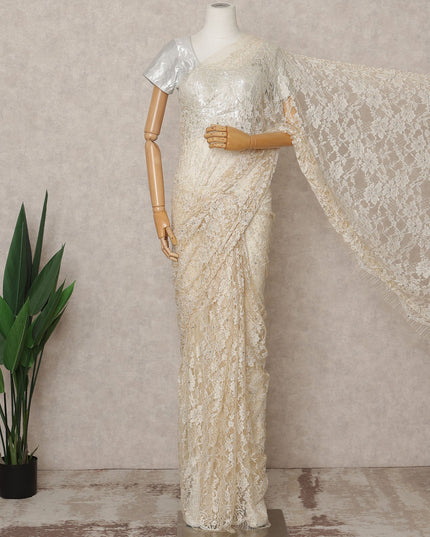 Ivory Premium French 2-Tone Chantilly Lace Saree with Stone Work, Width 110 Cms, Length 5.5 Mtrs, Imported from France-D25684