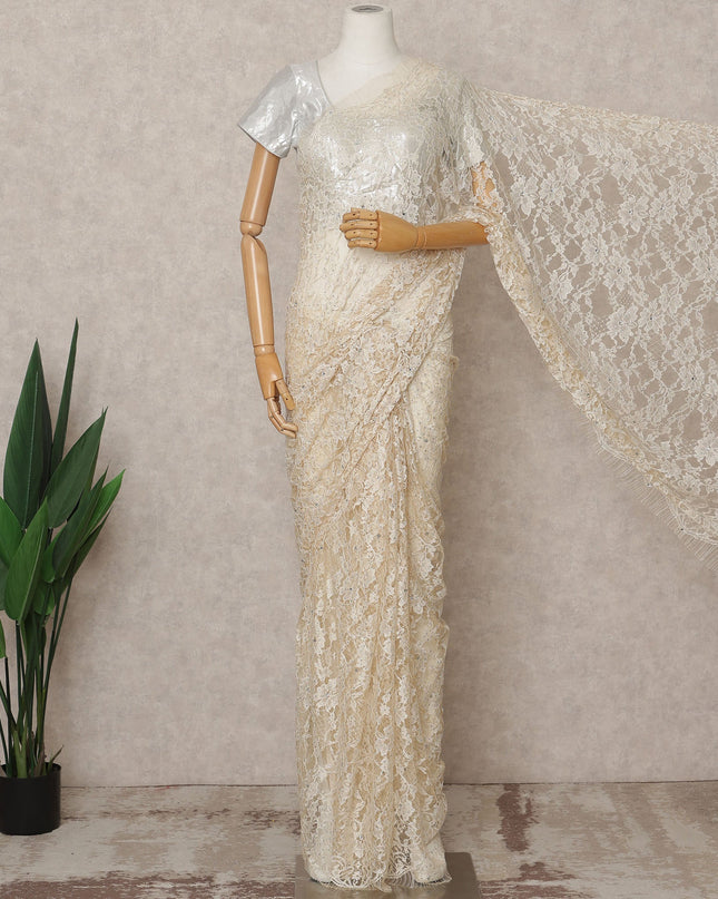 Ivory Premium French 2-Tone Chantilly Lace Saree with Stone Work, Width 110 Cms, Length 5.5 Mtrs, Imported from France-D25684