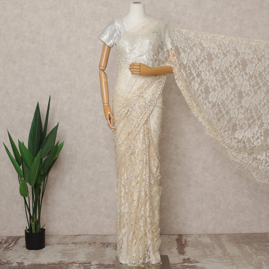 Ivory Premium French 2-Tone Chantilly Lace Saree with Stone Work, Width 110 Cms, Length 5.5 Mtrs, Imported from France-D25684