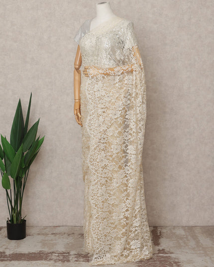 Ivory Premium French 2-Tone Chantilly Lace Saree with Stone Work, Width 110 Cms, Length 5.5 Mtrs, Imported from France-D25684