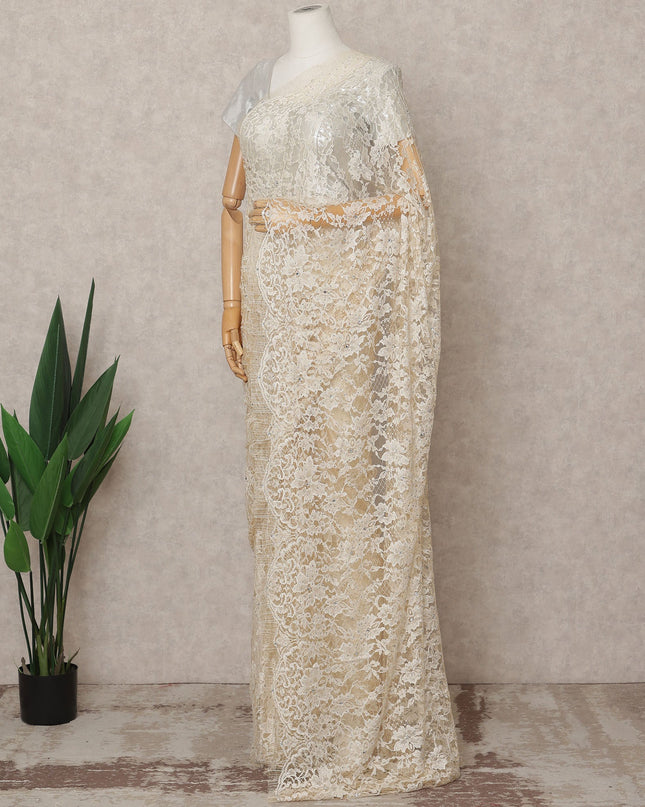 Ivory Premium French 2-Tone Chantilly Lace Saree with Stone Work, Width 110 Cms, Length 5.5 Mtrs, Imported from France-D25684