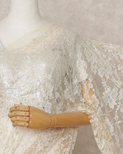 Ivory Premium French 2-Tone Chantilly Lace Saree with Stone Work, Width 110 Cms, Length 5.5 Mtrs, Imported from France-D25684