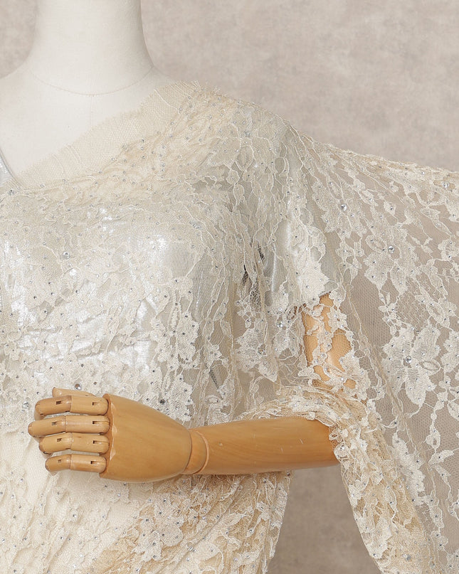 Ivory Premium French 2-Tone Chantilly Lace Saree with Stone Work, Width 110 Cms, Length 5.5 Mtrs, Imported from France-D25684