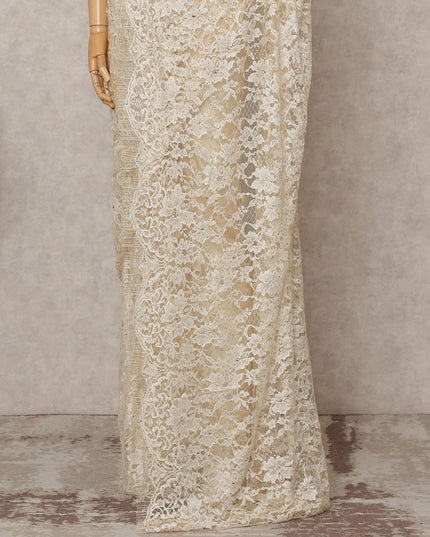 Ivory Premium French 2-Tone Chantilly Lace Saree with Stone Work, Width 110 Cms, Length 5.5 Mtrs, Imported from France-D25684