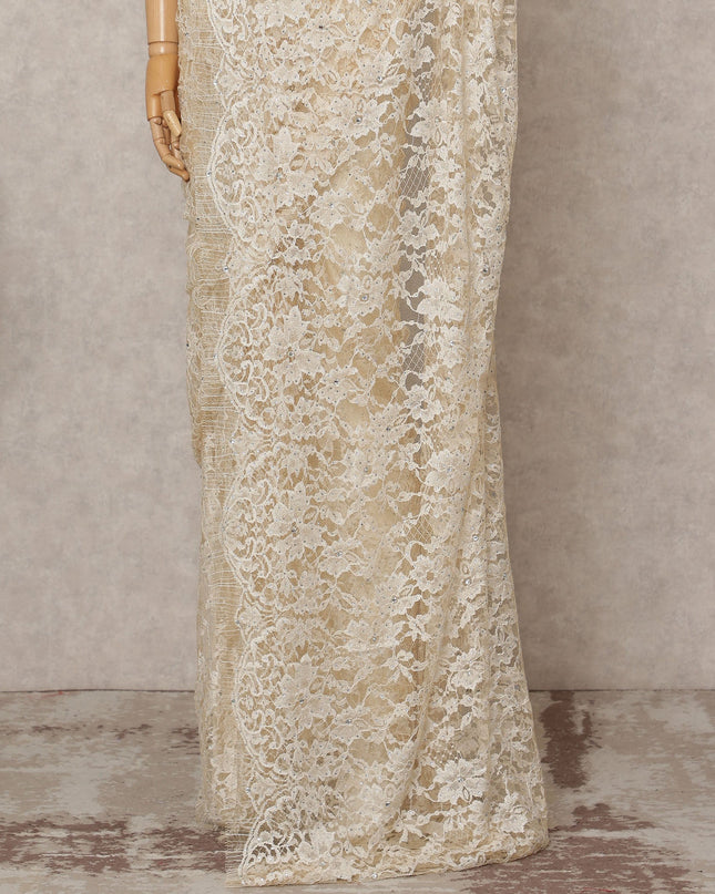 Ivory Premium French 2-Tone Chantilly Lace Saree with Stone Work, Width 110 Cms, Length 5.5 Mtrs, Imported from France-D25684