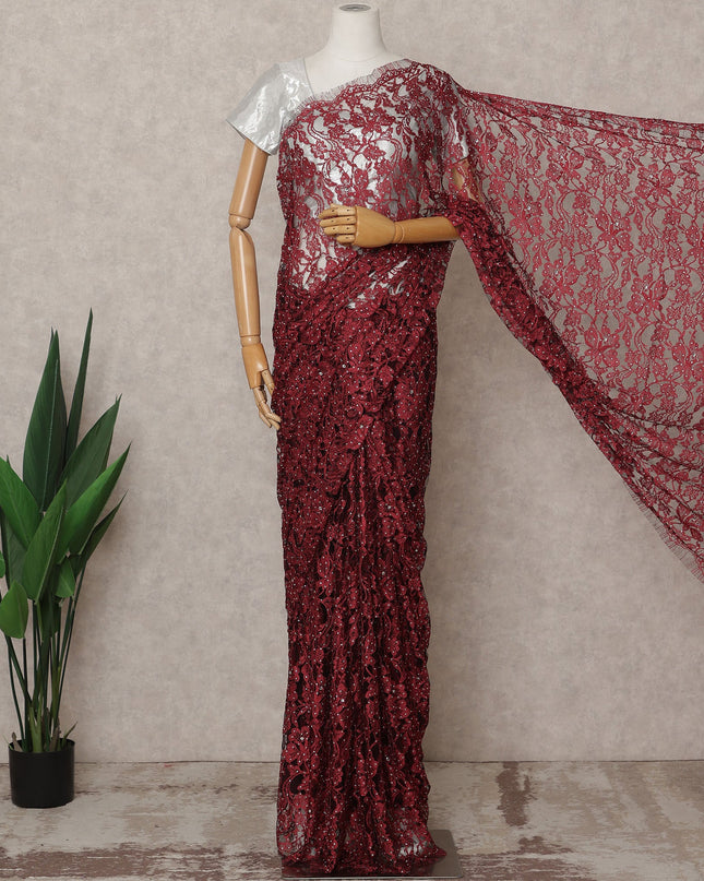 Maroon Premium French 2-Tone Chantilly Lace Saree with Stone Work, Width 110 Cms, Length 5.5 Mtrs, Imported from France-D25683