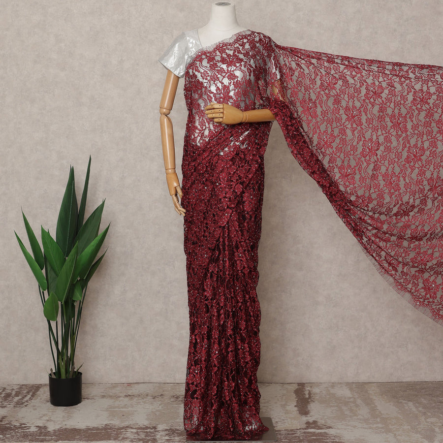 Maroon Premium French 2-Tone Chantilly Lace Saree with Stone Work, Width 110 Cms, Length 5.5 Mtrs, Imported from France-D25683
