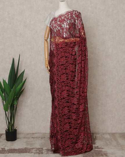 Maroon Premium French 2-Tone Chantilly Lace Saree with Stone Work, Width 110 Cms, Length 5.5 Mtrs, Imported from France-D25683