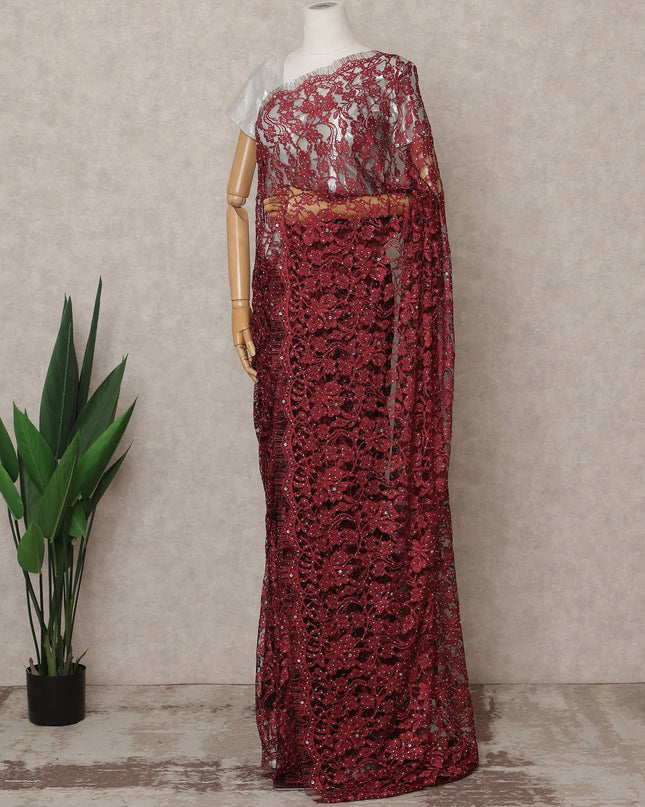 Maroon Premium French 2-Tone Chantilly Lace Saree with Stone Work, Width 110 Cms, Length 5.5 Mtrs, Imported from France-D25683