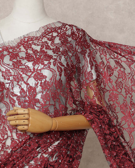 Maroon Premium French 2-Tone Chantilly Lace Saree with Stone Work, Width 110 Cms, Length 5.5 Mtrs, Imported from France-D25683